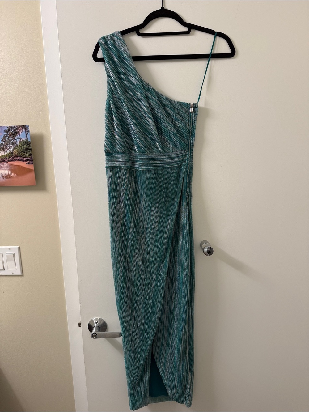 SAYLOR Teal One-Shoulder Metallic Gown